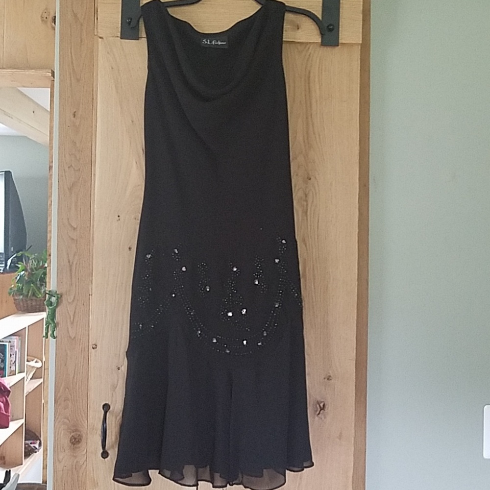 Draped neck beaded dress
